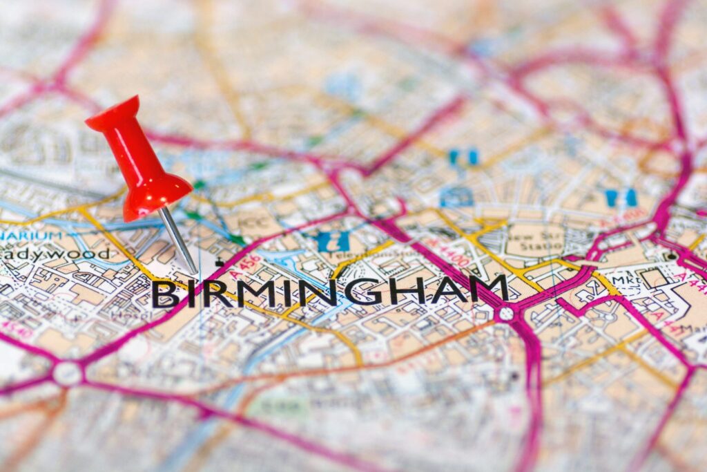 Map of UK with pin placed in Birmingham