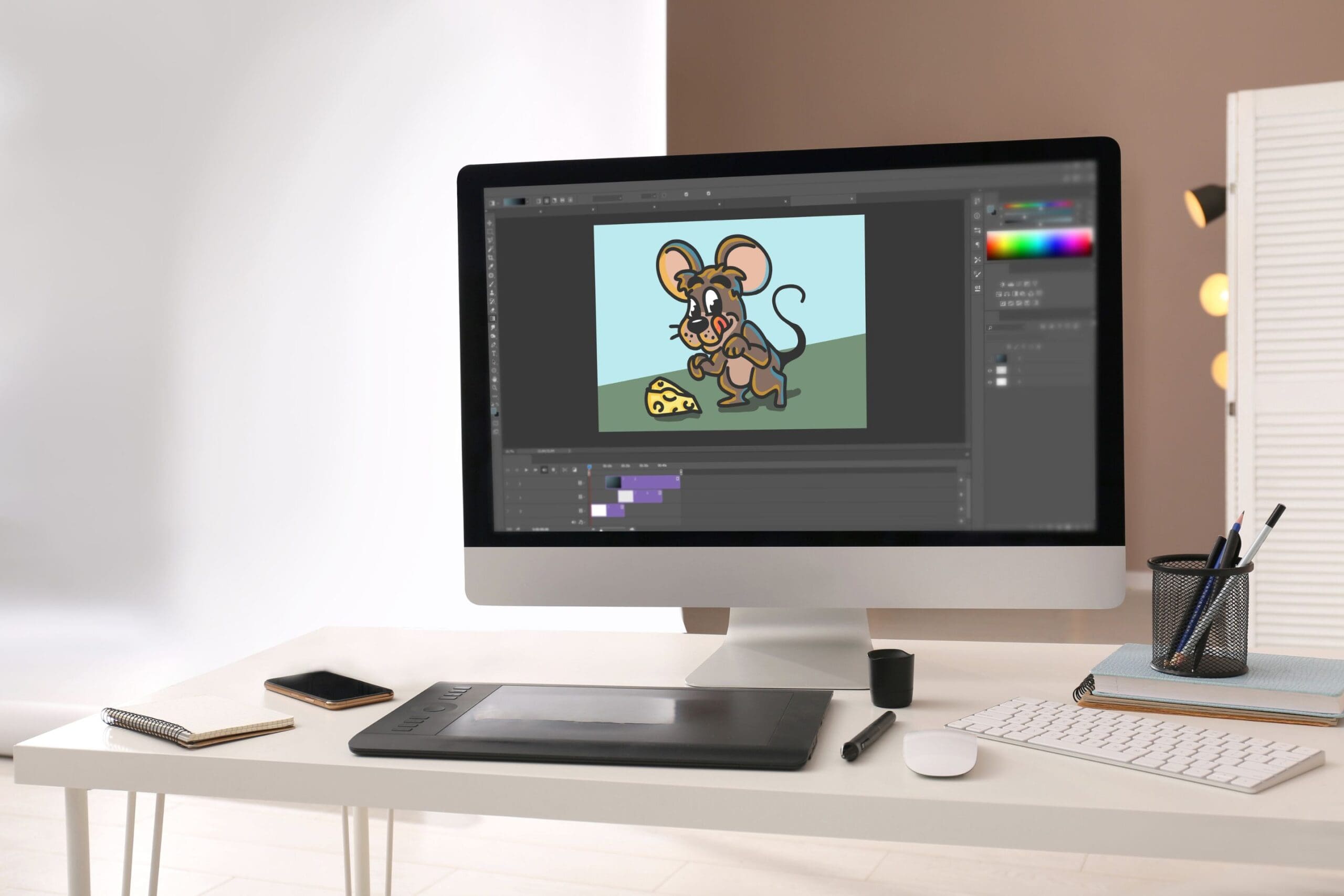 VFX artist's computer with cartoon of mouse