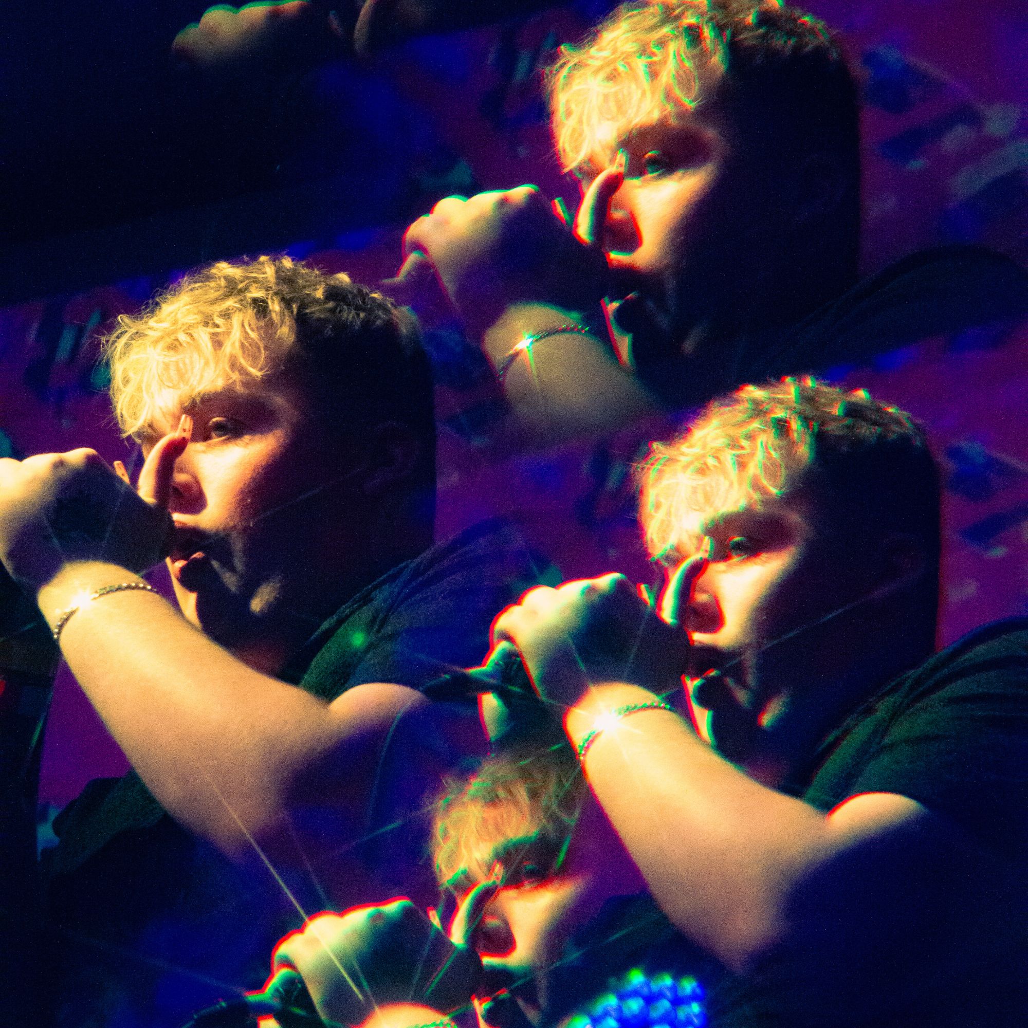 Photography from Kat Chant, edited showing 4 clones of same photo of man singing