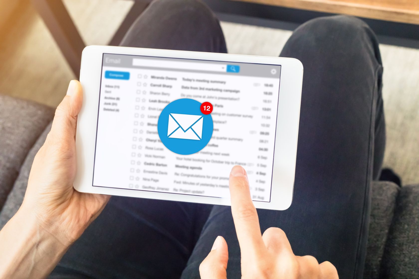 Email inbox with email icon on tablet